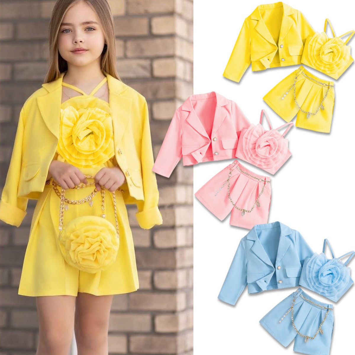 4-7 Yaş Kız Çocuk 3’lü Blazer Takım | Çiçek Detaylı Şortlu Kombin