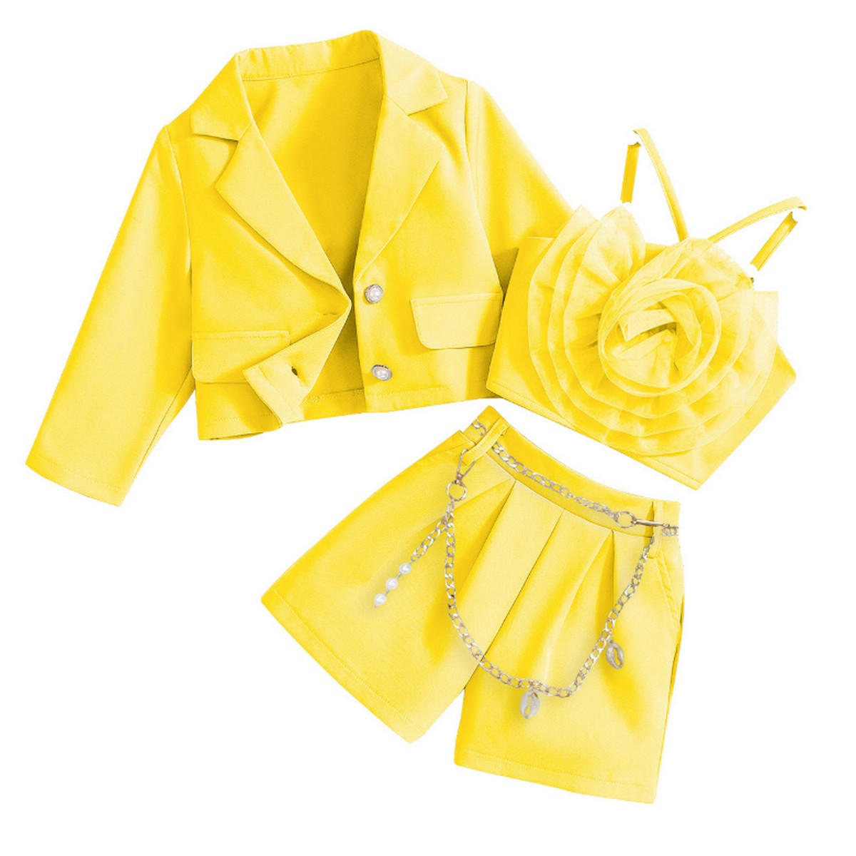 4-7 Yaş Kız Çocuk 3’lü Blazer Takım | Çiçek Detaylı Şortlu Kombin