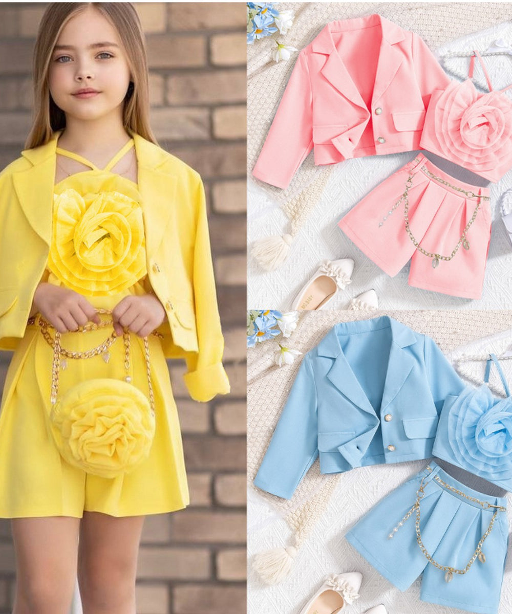 4-7 Yaş Kız Çocuk 3’lü Blazer Takım | Çiçek Detaylı Şortlu Kombin