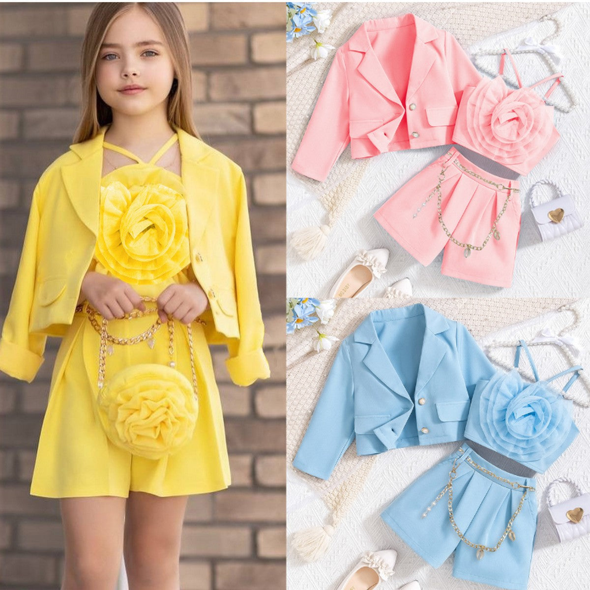 4-7 Yaş Kız Çocuk 3’lü Blazer Takım | Çiçek Detaylı Şortlu Kombin