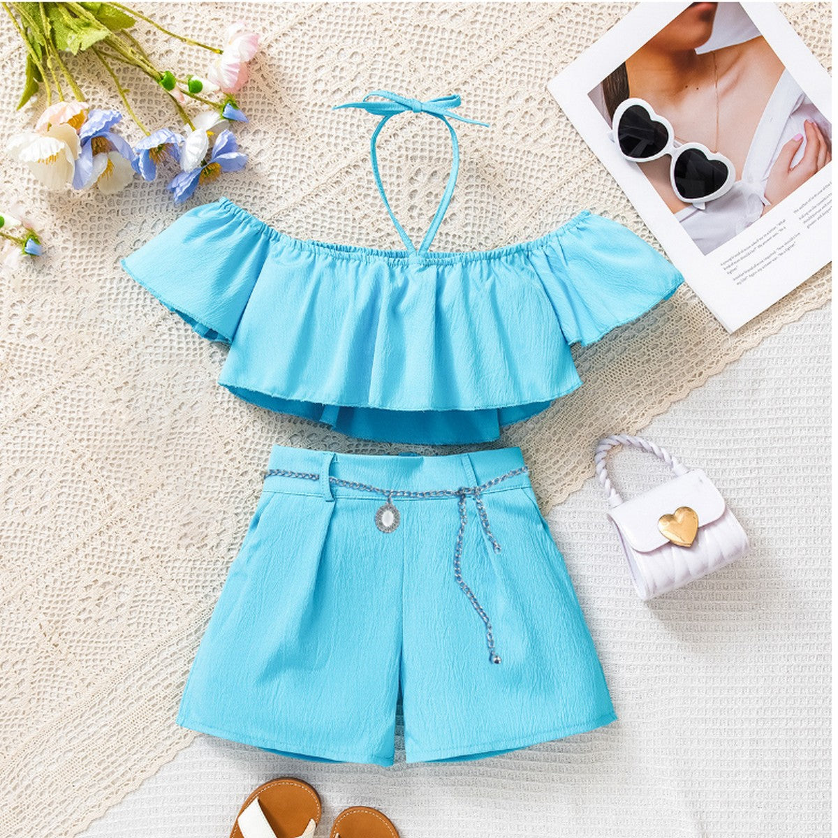 3-7 Yaş Kız Çocuk Mavi Omuz Açık Yazlık Takım | Zincirli Şortlu Kombin