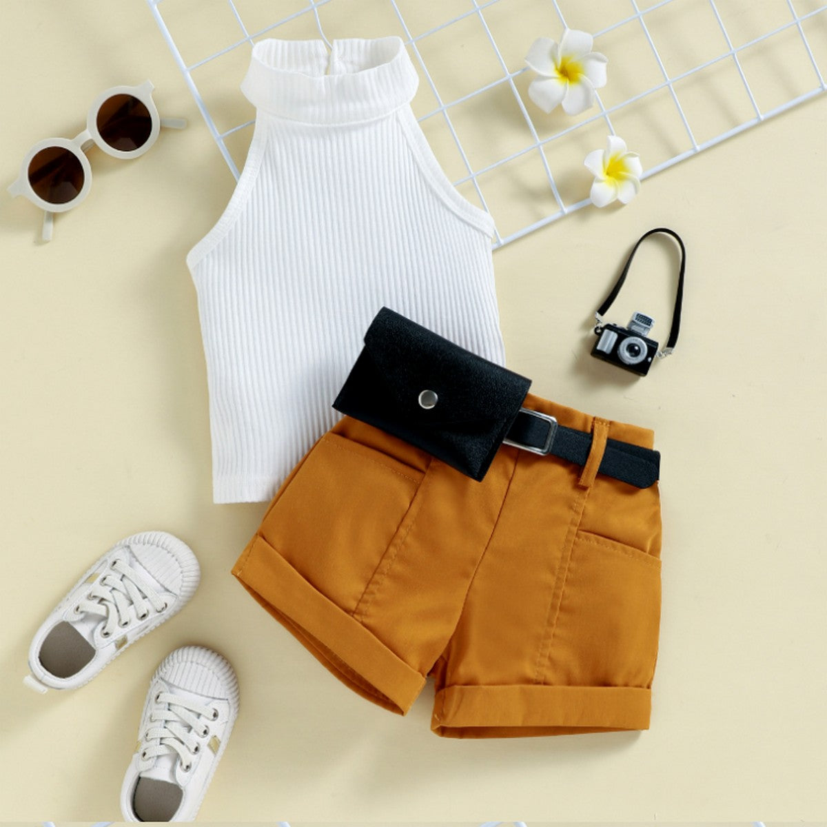 1-6 Yaş Kız Çocuk Beyaz Atlet ve Kemerli Şort Takımı | Yazlık İkili Kombin