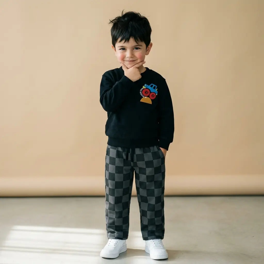 Erkek Çocuk Canavar Kamyon Nakışlı Damalı Takım Siyah 2-8 Yaş