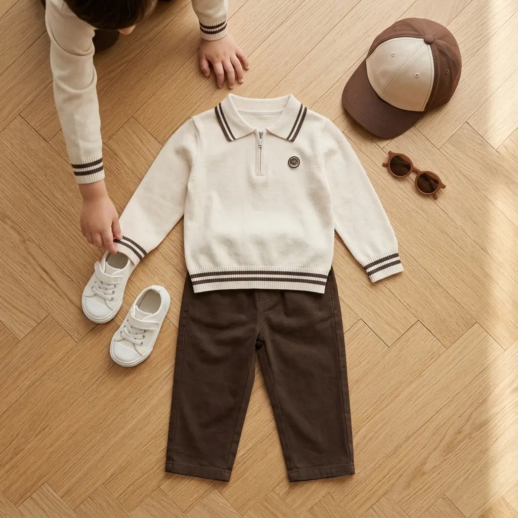 Erkek Çocuk Çizgili Polo Yaka Triko Pantolon Takım Ekru 2-5 Yaş