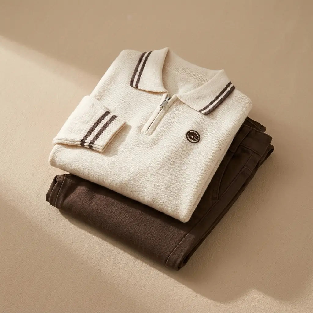 Erkek Çocuk Çizgili Polo Yaka Triko Pantolon Takım Ekru 2-5 Yaş