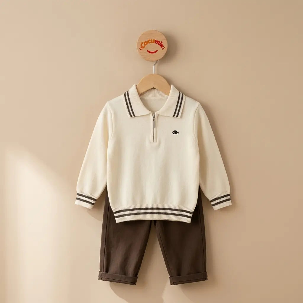 Erkek Çocuk Çizgili Polo Yaka Triko Pantolon Takım Ekru 2-5 Yaş