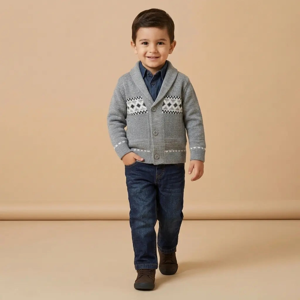Erkek Çocuk Kilim Desenli Triko Hırka Kot 3'lü Takım Gri 1-4 Yaş