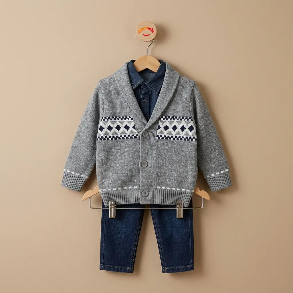 Erkek Çocuk Kilim Desenli Triko Hırka Kot 3'lü Takım Gri 1-4 Yaş