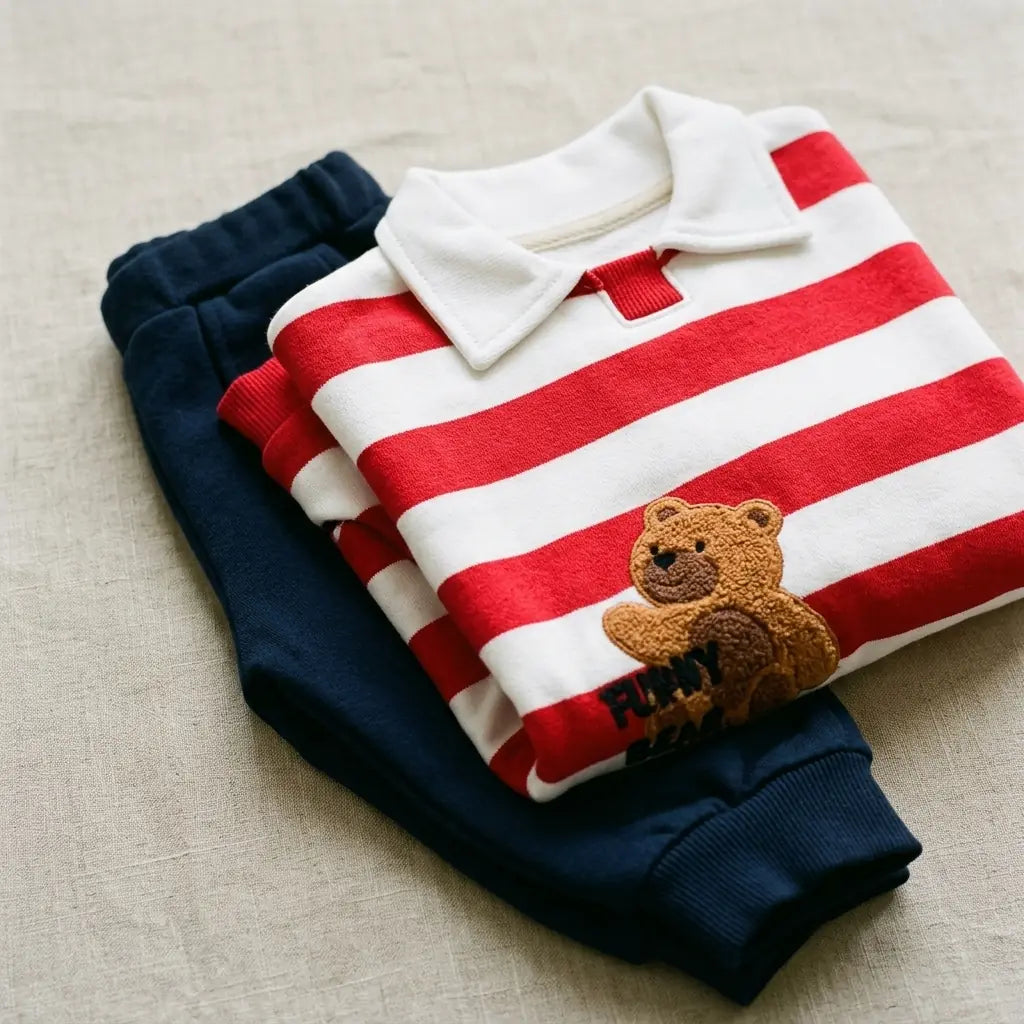Erkek Çocuk Kışlık Takım Çizgili Ayıcık Nakışlı 3 İplik 2-6 Yaş Kırmızı