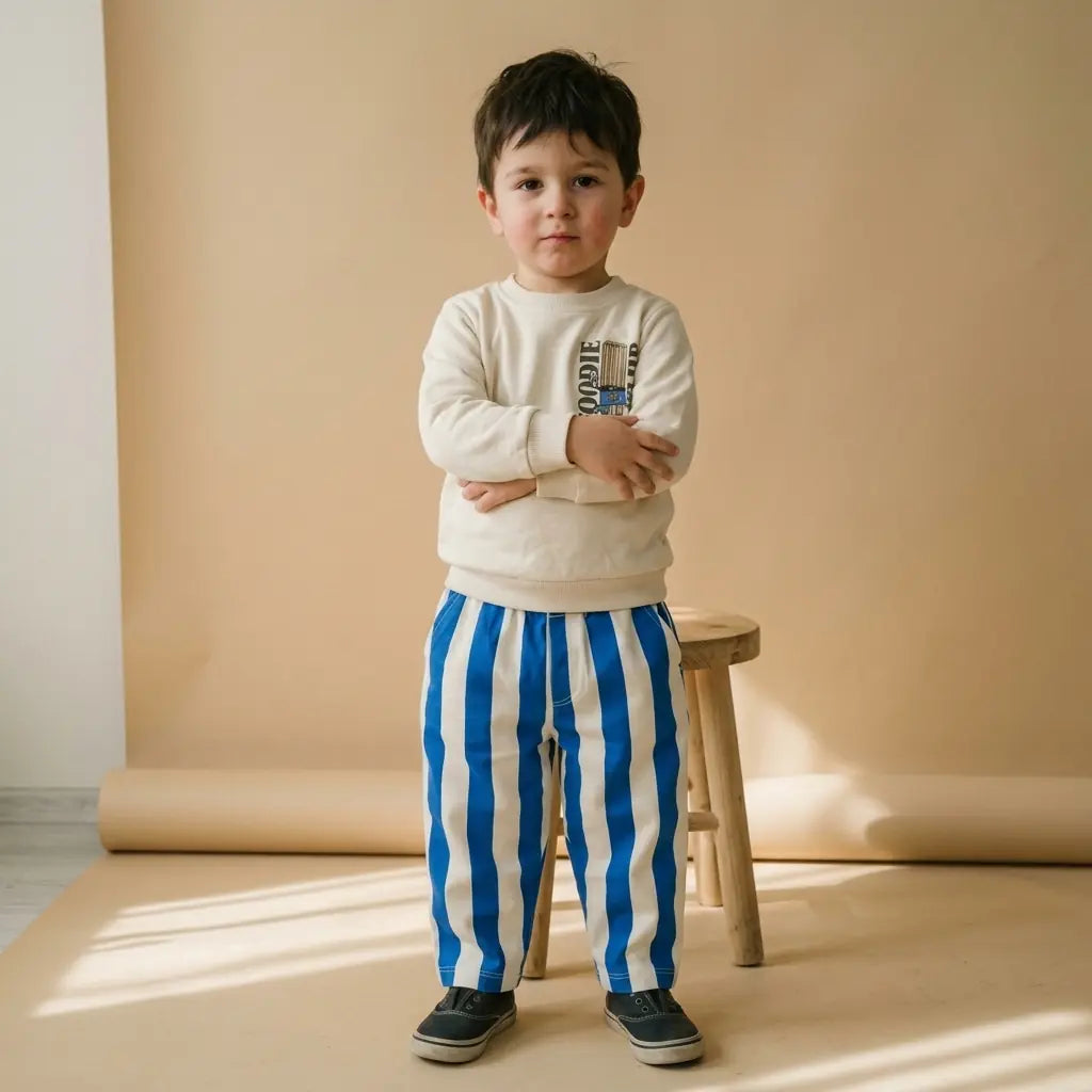Krem rengi baskılı sweatshirt ve mavi dikey çizgili alt parçadan oluşan 2 parça erkek çocuk takımı.