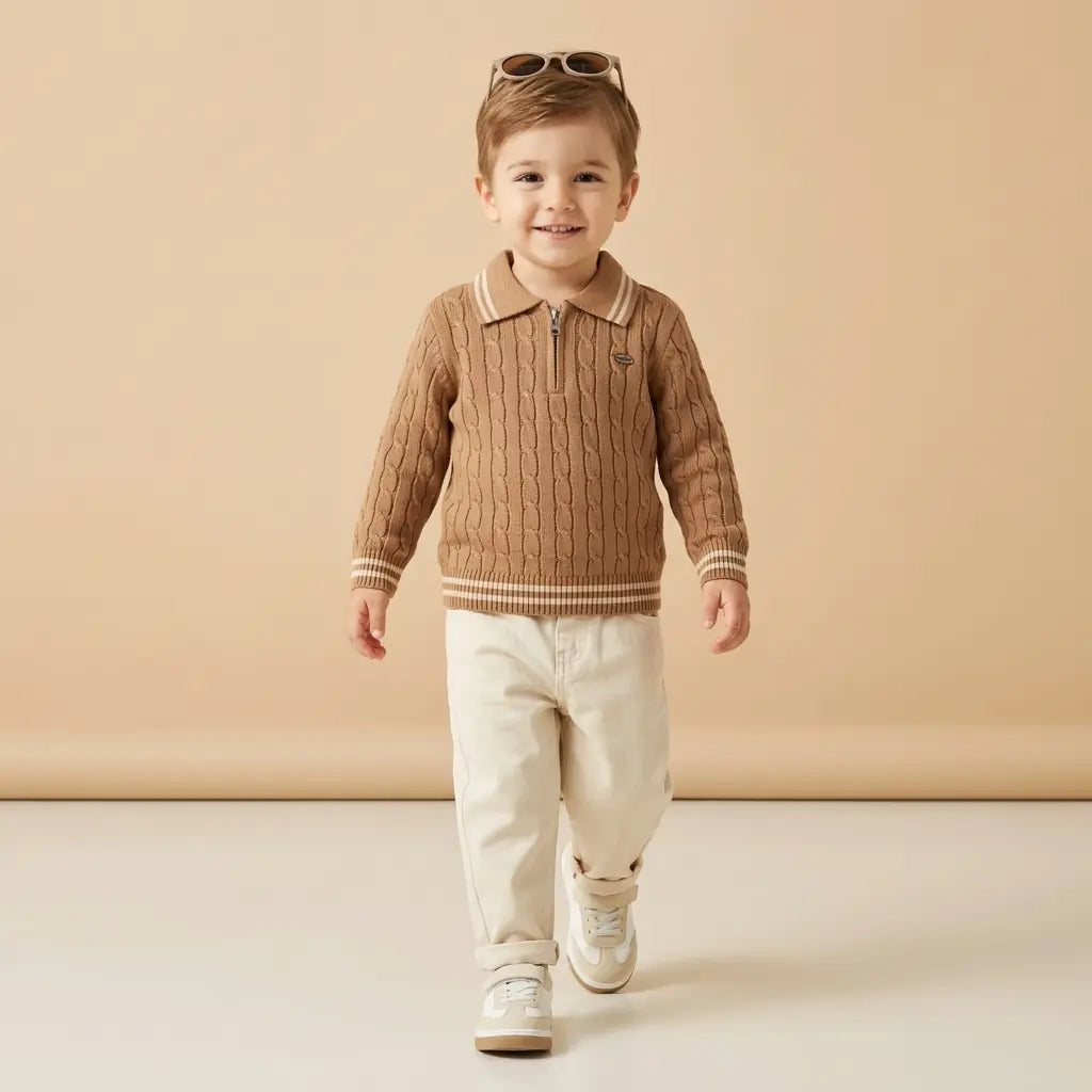Erkek Çocuk Polo Yaka Triko Pantolon Takım Taba 2-5 Yaş