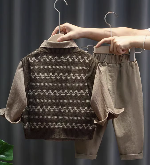 Erkek Çocuk Takım Gömlek Süveter pantolon 2-7 Yaş