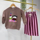 Gülkurusu figür motifli sweatshirt ve bordo pembe çizgili pantolondan oluşan kız çocuk 2'li 3 iplik kışlık takım