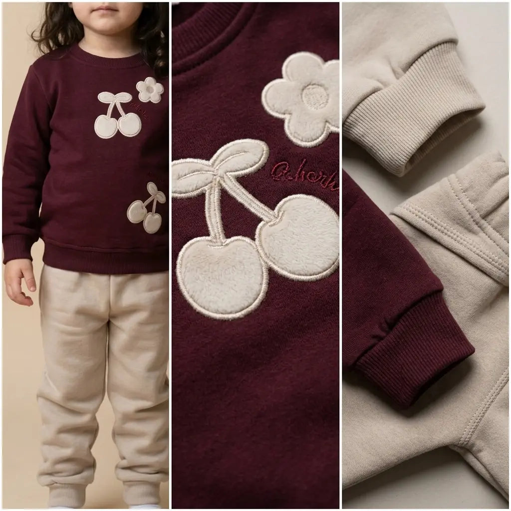 Kız Çocuk Kışlık Takım Kiraz Applikeli 3 İplik Şardonlu 3-8 Yaş Bordo