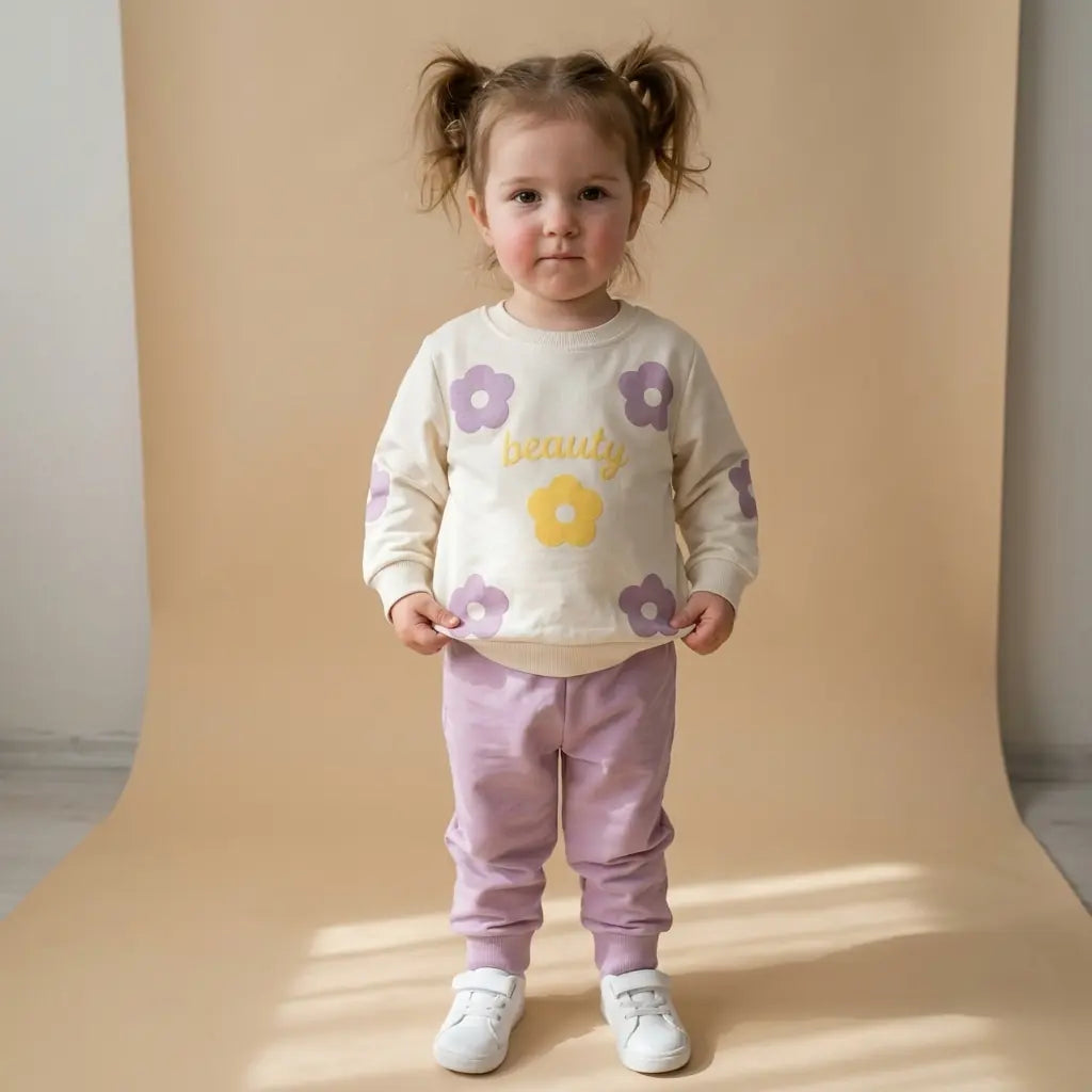 Göğsü ve kolları papatya baskılı ekru sweatshirt ile lila eşofman altından oluşan 2 parça kız çocuk takımı.