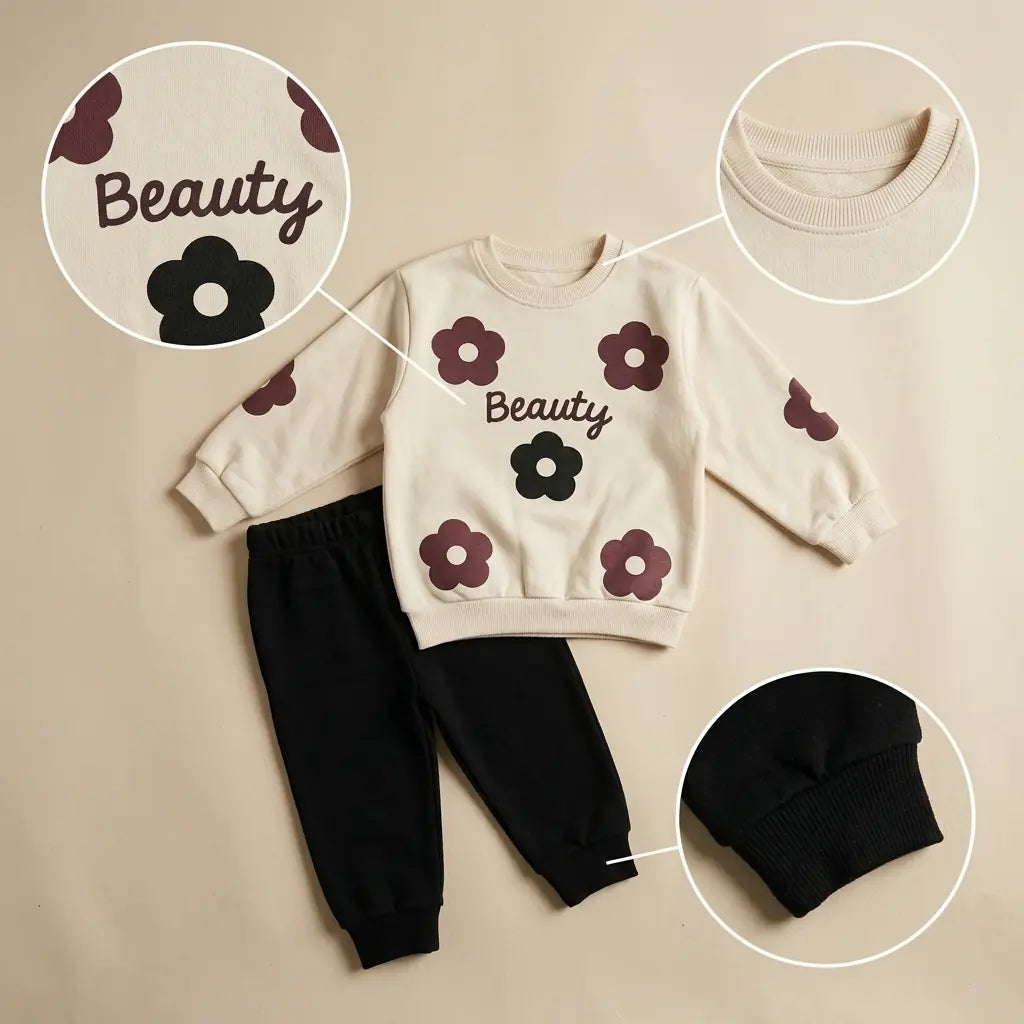 Kız Çocuk Takım Çiçek Baskılı "Beauty" Yazılı 1-4 Yaş Ekru Siyah