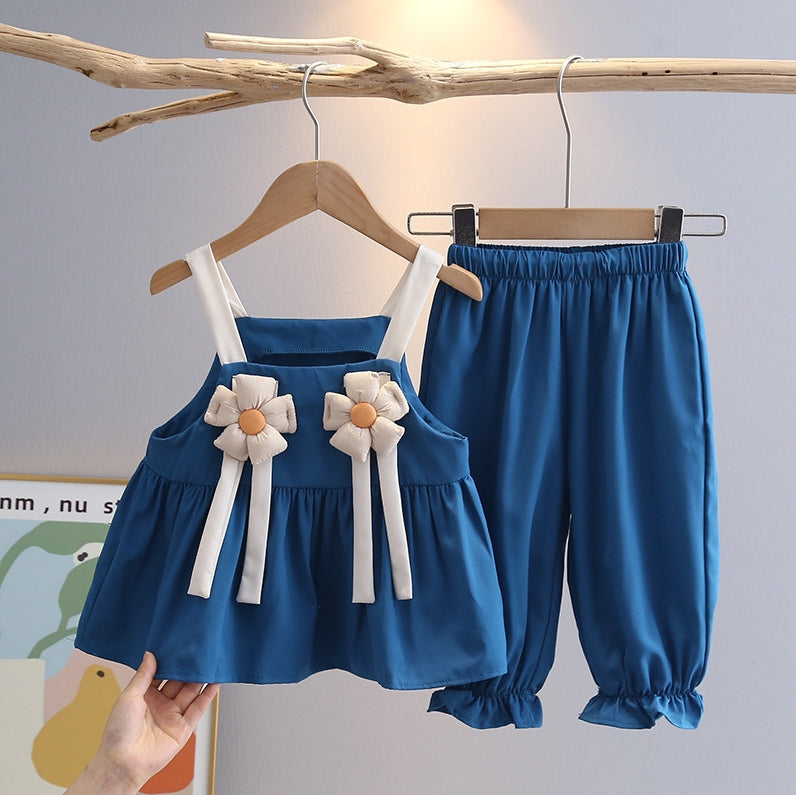 Kız Çocuk Çiçek Detaylı Mavi Takım 2-3 Yaş Outlet