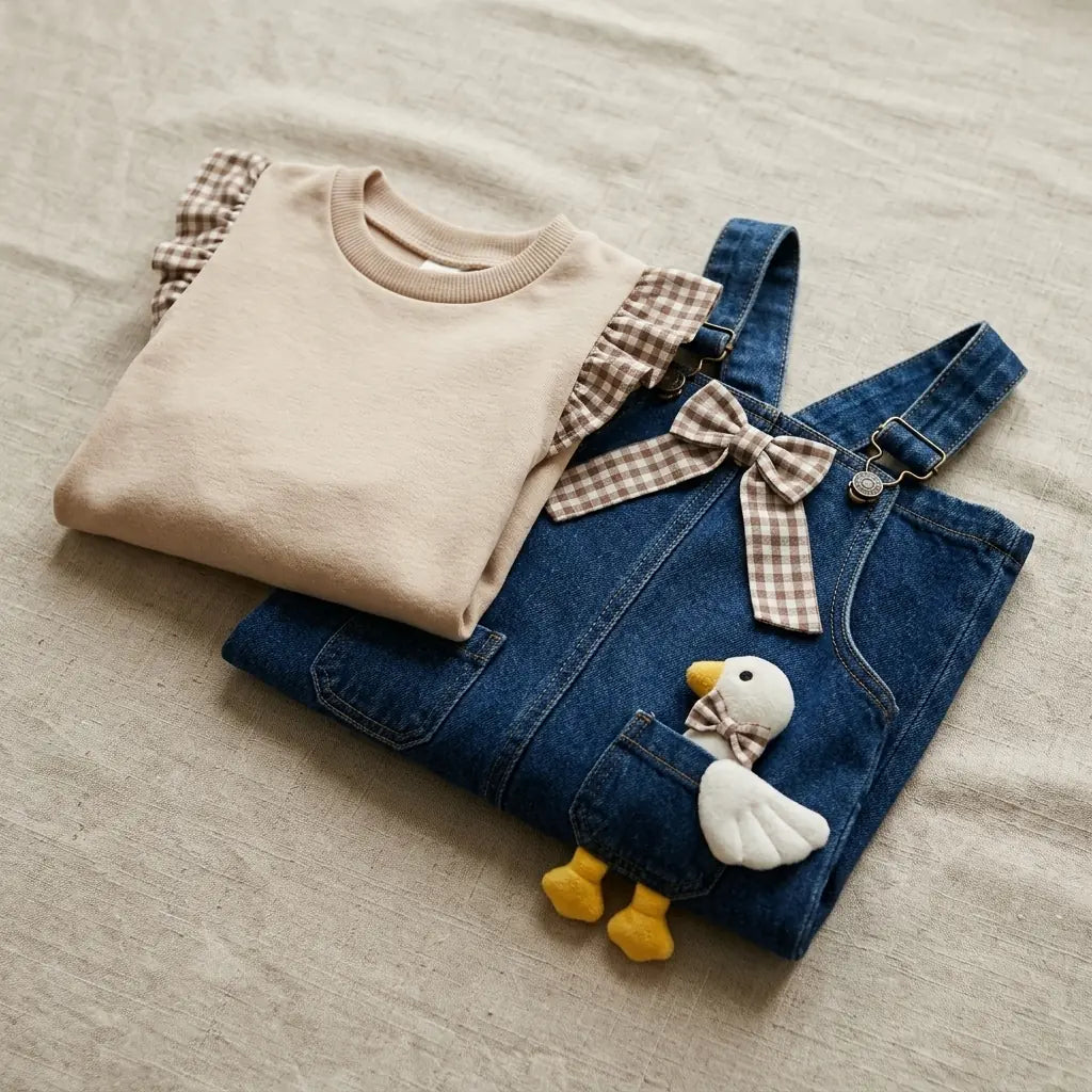 Kız Çocuk 2'li Takım Peluş Ördek Figürlü  Bluz 2-5 Yaş