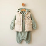 Kız Çocuk 3'lü Takım Peluş Kedi Figürlü Yelekli 2-6 Yaş Su Yeşili Krem