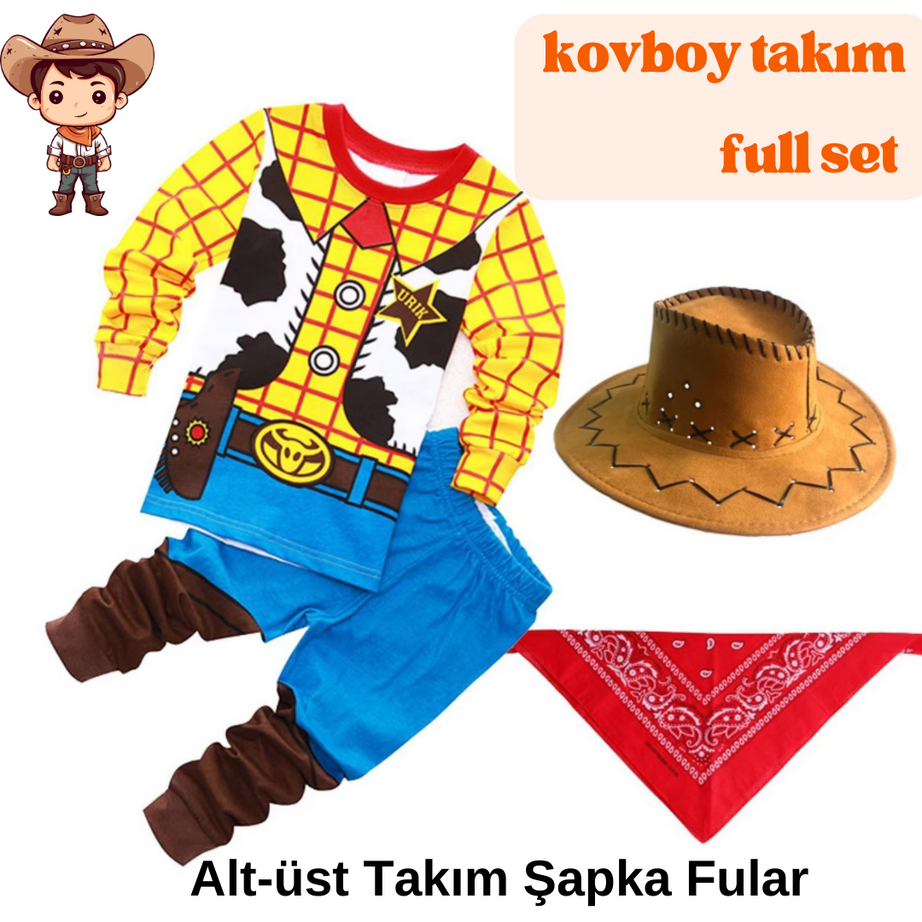 Kovboy Takımı Full Set-Şapka Fular Alt Üst Takım 1-6Yaş