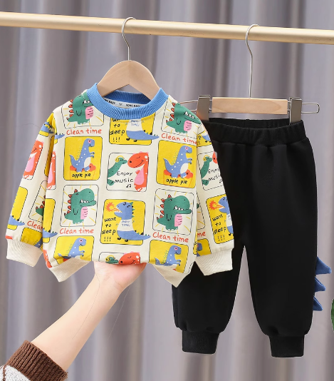 Renkli Dinazor Desenli Siyah Pantolonlu Takım 1-5 Yaş