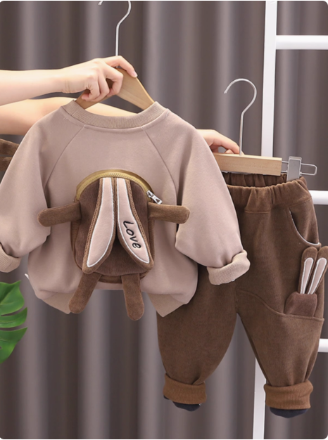 Tavşan Desenli Cepli Unisex Kadife Çocuk Takım