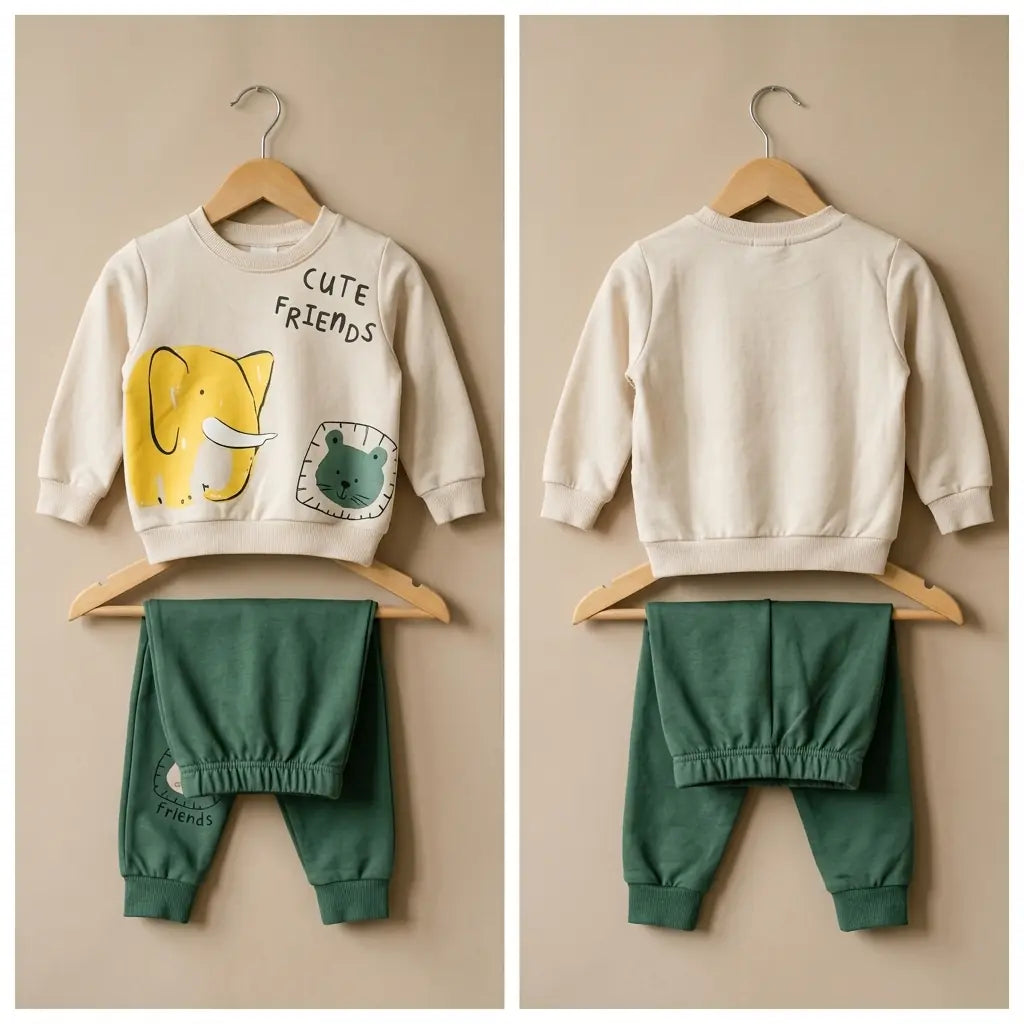 Unisex Çocuk Takım Sevimli Hayvanlar Baskılı 1-4 Yaş Bej Yeşil