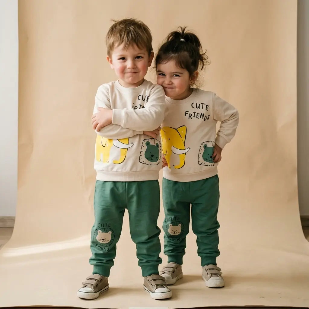 Önünde fil ile aslan figürü bulunan bej sweatshirt ve paçasında baskı olan orman yeşili eşofman altından oluşan 2 parça unisex çocuk takımı.